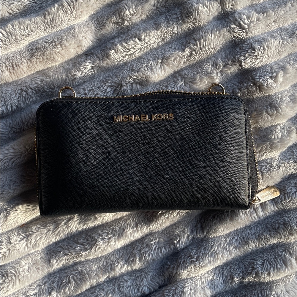 Michael Kors Black Saffiano Zip Around Wallet with Gold Logo